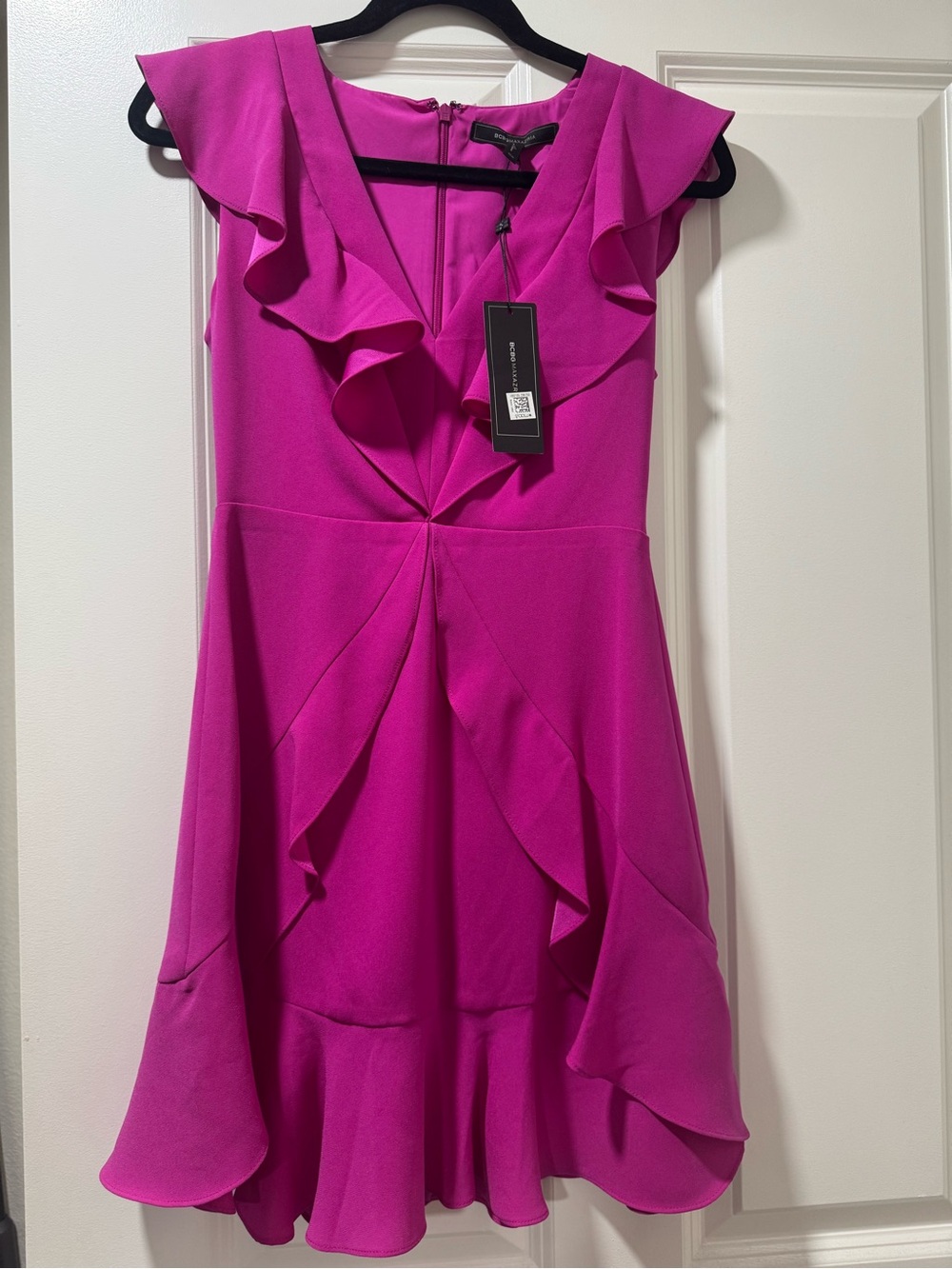 BCBGMaxAzria Magenta Ruffle V-Neck Mini Dress